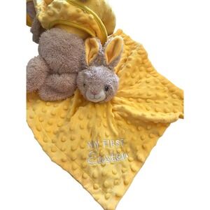 MTY‎ Yellow Bunny Lovey Security Blanket Baby Plush Minky Dot Rattle Easter